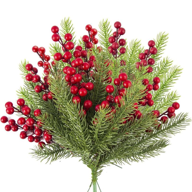 Artificial Pine Branch & Red Berry Stem, 34pcs set Faux Pine Branch & Berry Stem, DIY Crafts for Home Garden Decoration