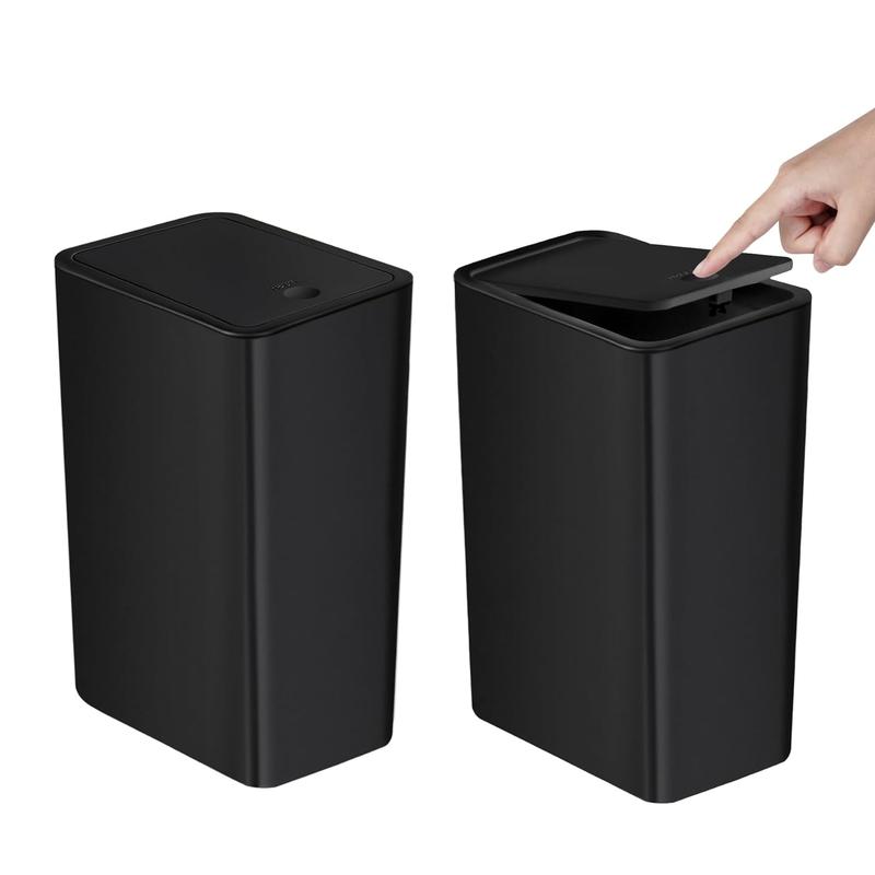 Bathroom Trash Can with Lid, 10 Liter  2.6 Gallon Slim Garbage Can, Small Trash Bin Waste Basket with Pop-Up Lid for Kitchen, Bedroom, Living Room, Office (2 Pack, Black) Light