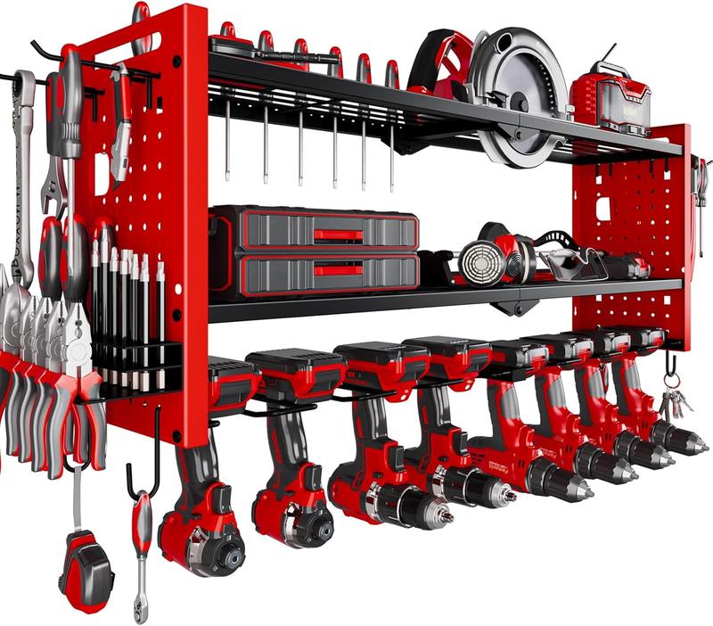 Power Tool Organizer Wall Mount,Cordless Drill Hanger Storage Rack 8 Drill Holder,3 Layers Heavy Duty Power Tool Storage Rackr(Red)