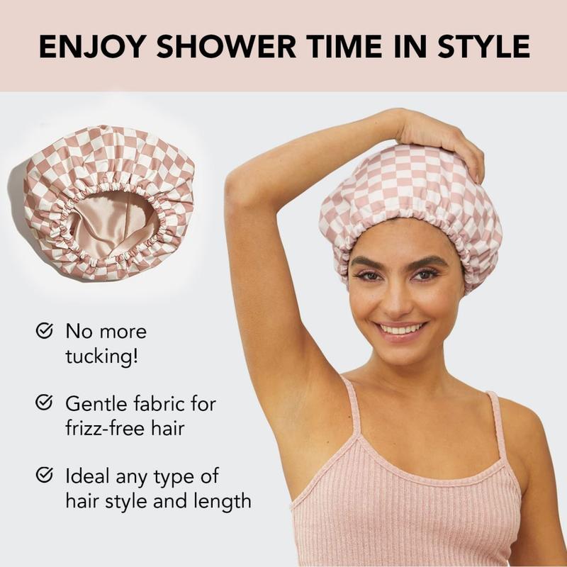 High-End Waterproof Shower Cap Long Shower Cap Fashionable Long Hair Women's Nursing Cap Double Layer Adult Shower Cap, Satin Lined Luxury Shower Cap - Plaid