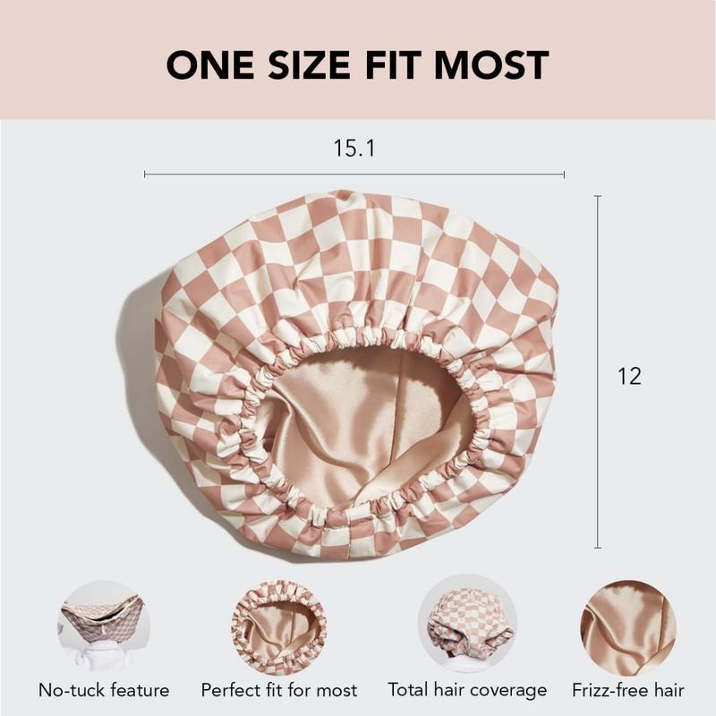 High-End Waterproof Shower Cap Long Shower Cap Fashionable Long Hair Women's Nursing Cap Double Layer Adult Shower Cap, Satin Lined Luxury Shower Cap - Plaid