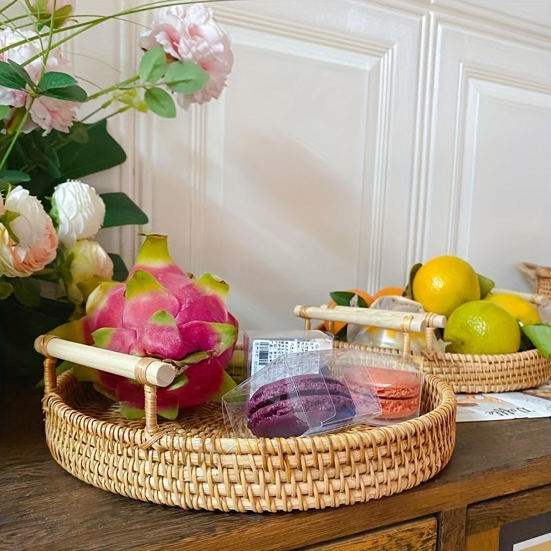 Round Rattan Storage Round Tray, Boho Style Tea Tray with Handle, Fruit Plate, Bread Snack Basket, Home Organizer for Kitchen Dining Room, Summer for Gift, Fall Decor, Room Decor