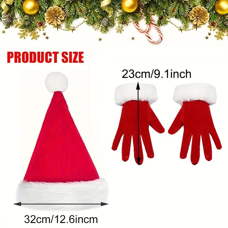 2-Piece Santa Costume Accessories Set, Cute Red Velvet Christmas Hat with White Trim and Matching Gloves, Suitable for Ladies, Pop Culture Style Polyester Role Play Party Props