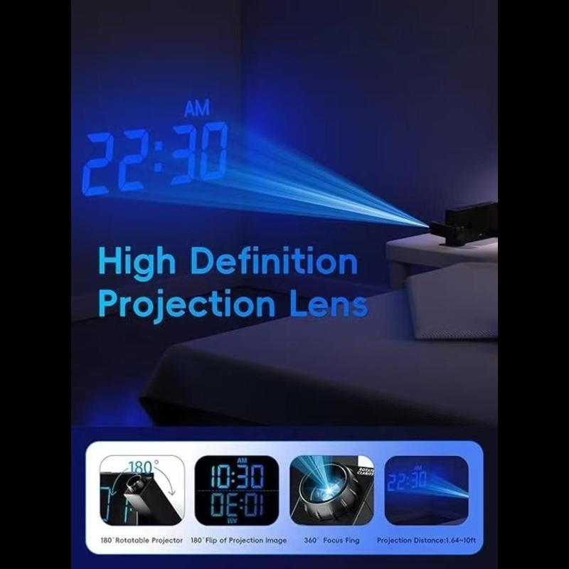 Digital projection alarm clock for bedroom - large LED display, 180° rotatable projector, Level 5 dimmer, children and seniors with heavy sleep sleepiness