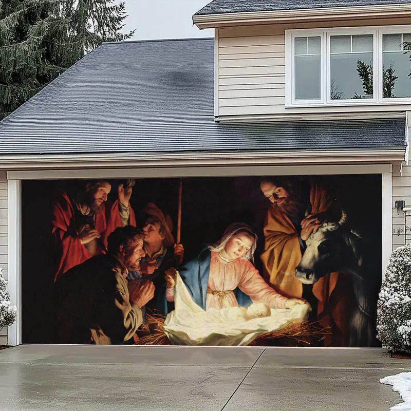 Christmas Themed Garage Door Cover, Shepherds Worshipping The Holy Child Pattern Garage Door Banner, Festive & Party Supplies for Home Decor