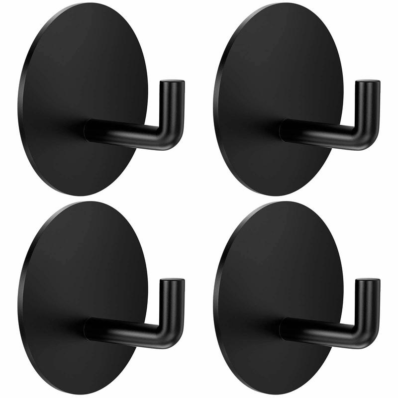 Paika  4 Packs Adhesive Hooks, Heavy Duty Stick on Wall Hooks Robe Towel Hooks for Bathrooms Self-Adhesive Hook for Hanging Towels Clothes Waterproof Stainless Steel, Black