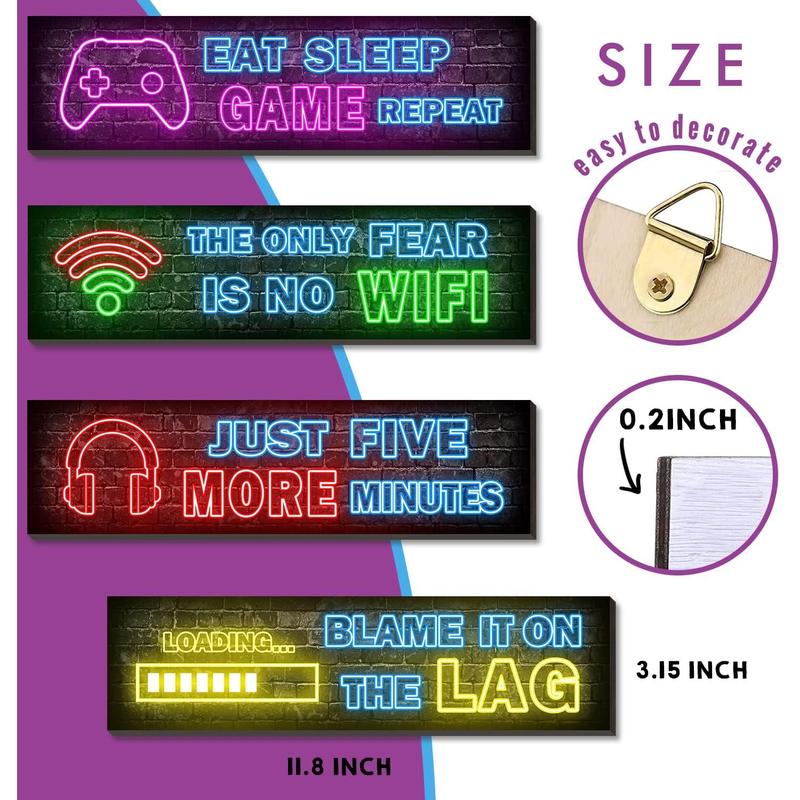 4 Pcs Printed Neon Gaming Posters, Teen Boys Room Decorations, gamer wall art Decor for bedroom Wooden