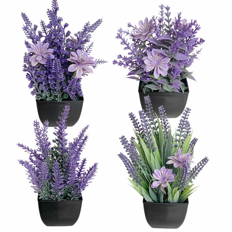 Artificial Potted Plant, 4pcs set Faux Lavender Plants, Decorative Plants for Home & Office Table, Home Decor Supplies