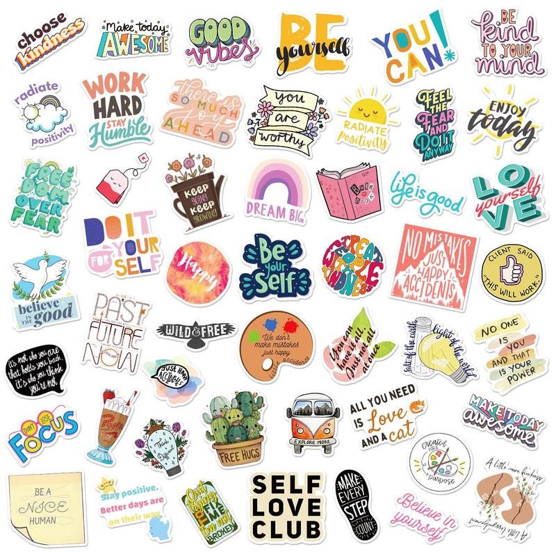 Motivational Self Love Club Sticker, 50pcs set DIY Decorative Sticker, Decorative Sticker for Water Bottle, Laptop, Phone Case, Scrapbooking