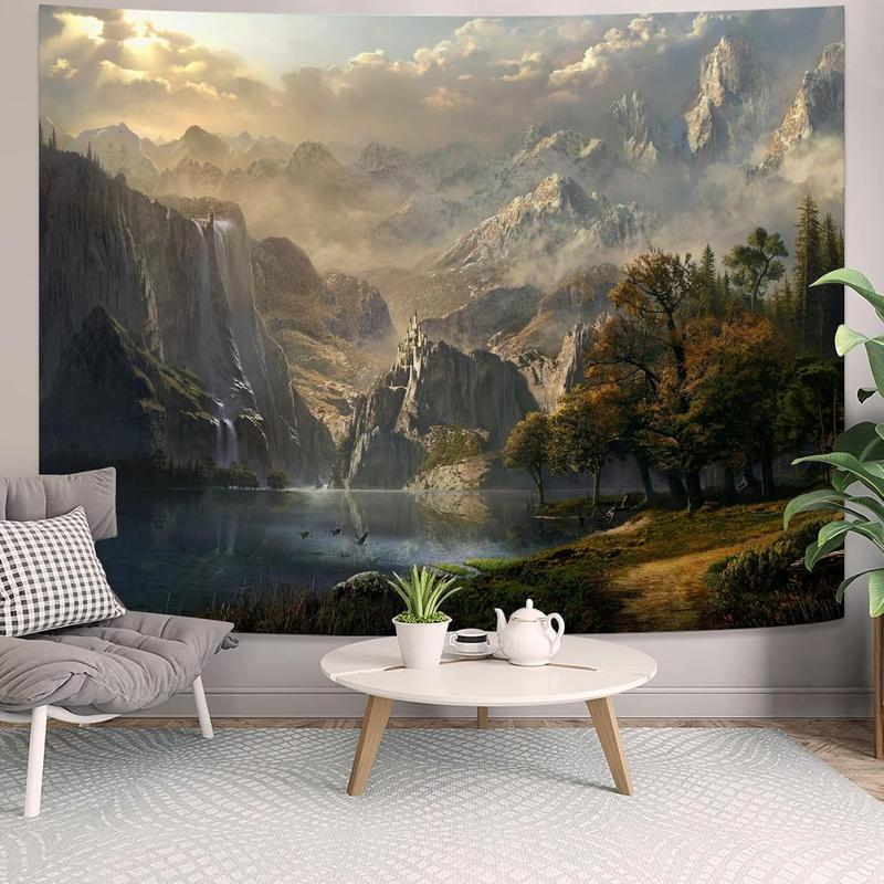 kampdream Fantasy World Tapestry, Mountain Forest Lake Landscape Tapestries, Wilderness Sunshine Nature Waterfall Tapestry for Bedroom Living Room Warm 60*80 inch