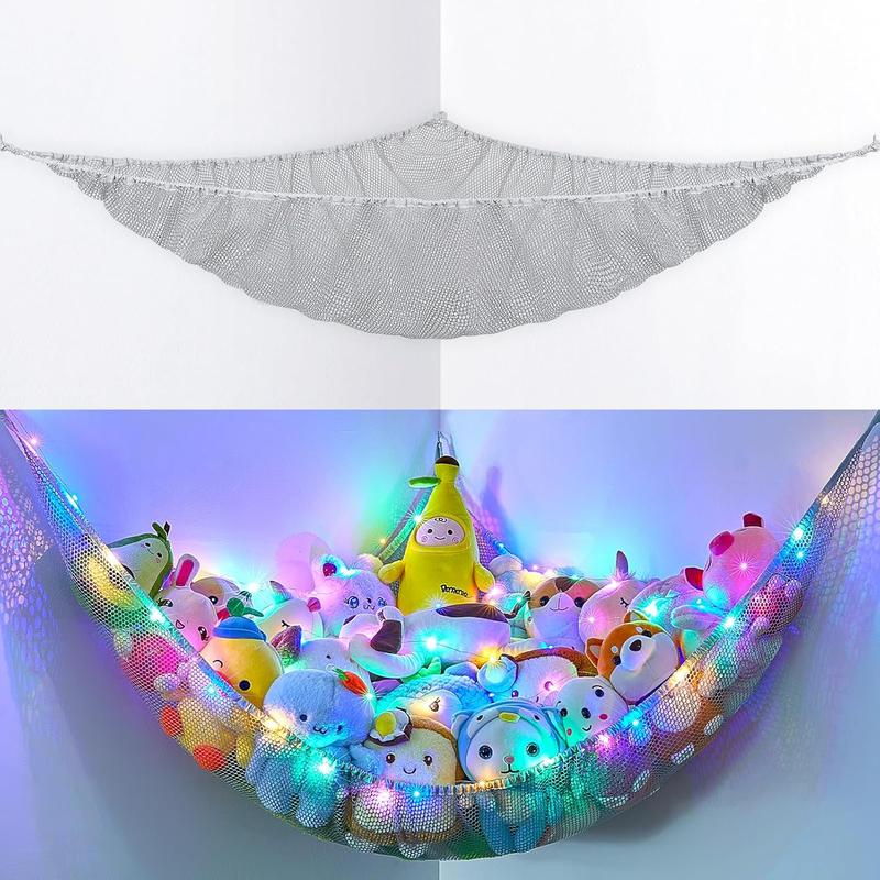 Stuffed  Storage with LED Light Room Decor Stuffed  Hammock Corner   Storage Organizer Wall Decor Net for Stuffed , Gray