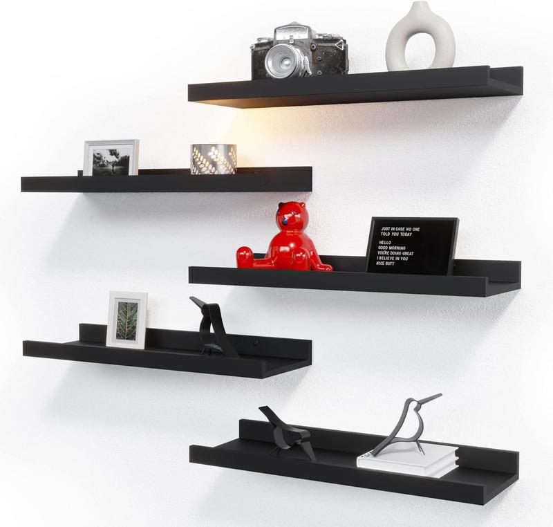 5 Set Floating Wall Mounted Shelves, Black Shelves for Wall Decor, Modern Picture Ledge Shelf with Lip for Storage, , Bedroom, Living Room, Bathroom - Black