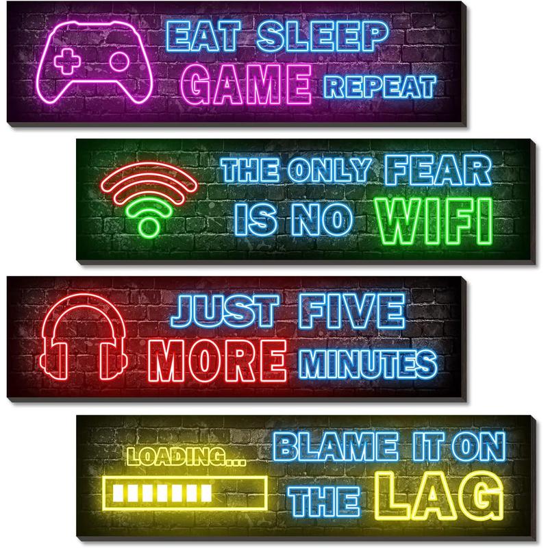 4 Pcs Printed Neon Gaming Posters, Teen Boys Room Decorations, gamer wall art Decor for bedroom Wooden