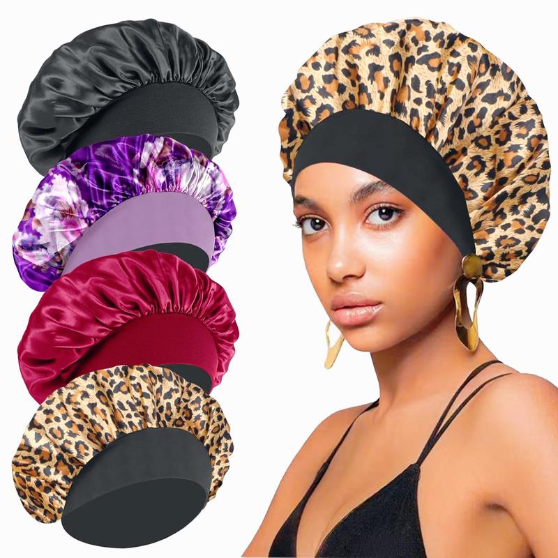 4 Count Silk Hair Bonnet for Sleeping,Hair Wrap Satin Bonnets Shower Cap for Black Women Men, Elastic Wide Band Hair Bonnet Cap for Sleeping Curly Hair(Black & Wine Red & Purple Print & Leopard Pattern)