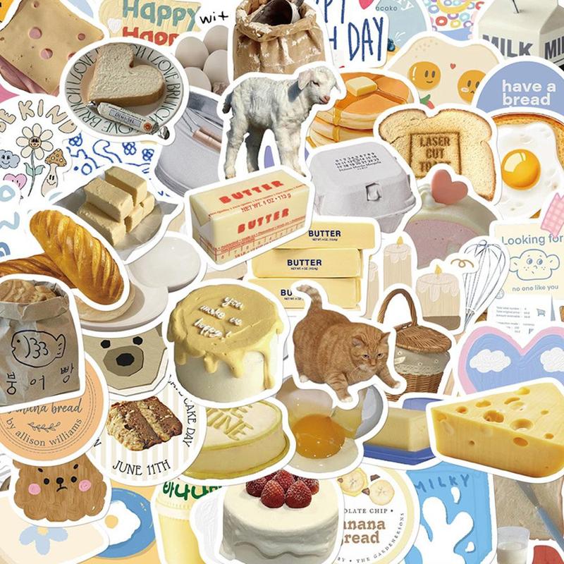 Butter Bread Series Sticker, 63pcs set Waterproof Decorative Sticker, DIY Decals for Water Bottle, Laptop, Phone Case, Scrapbooking, Journal Making