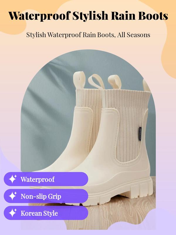 Women's Solid Color Waterproof Rain Boots, Fall 2024 New Style Fashionable Round Toe Boots for Outdoor Footwear, Non-slip Rain Boots for Women Shoes, Rainproof Boots for Wide Feet