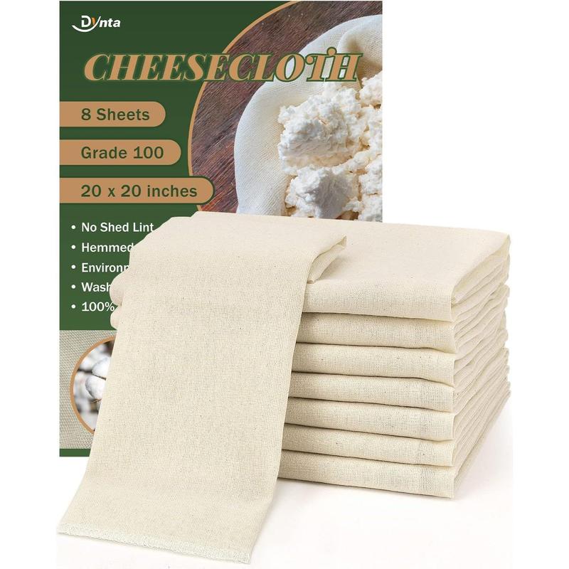 Cheesecloth for Straining Grade 100, 8 Pieces Reusable Hemmed Cheesecloth 20 x 20 Inches, 100% Unbleached Cotton Cheese Cloths for Straining, Filtering, Canning, Covering, Polishing and Decoration