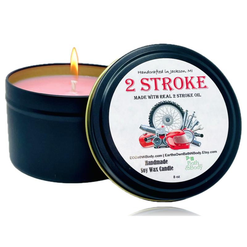 2 Stroke Dirt Bike Race Fuel Soy Candle | Hand Poured | Zero Waste Reusable Tin | 3 sizes! | Gift | Birthday | Gift for Him | Gift for Her | Motocross | Dirt Bike | Race Track | Stocking Stuffer | Black Friday Cyber Monday Christmas Deal