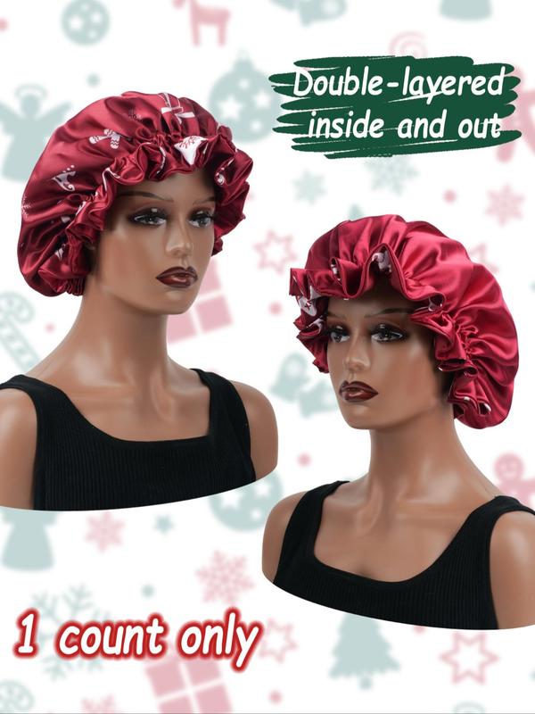 Merry Christmas Themed Double Layer Satin Sleeping Bonnet, Soft Hair Protect Bonnet, Fashion Accessories for Women & Girls