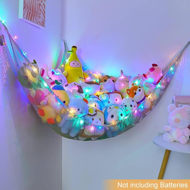 Stuffed  Storage with LED Light Room Decor Stuffed  Hammock Corner   Storage Organizer Wall Decor Net for Stuffed , Gray