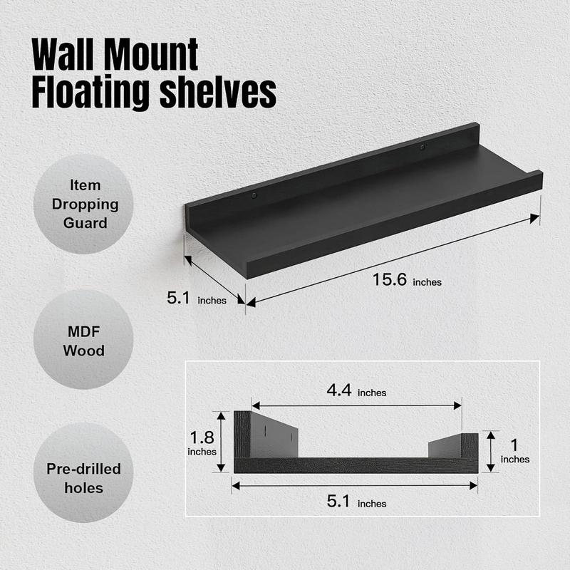 5 Set Floating Wall Mounted Shelves, Black Shelves for Wall Decor, Modern Picture Ledge Shelf with Lip for Storage, , Bedroom, Living Room, Bathroom - Black