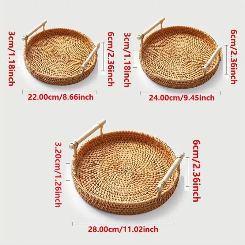 Round Rattan Storage Round Tray, Boho Style Tea Tray with Handle, Fruit Plate, Bread Snack Basket, Home Organizer for Kitchen Dining Room, Summer for Gift, Fall Decor, Room Decor