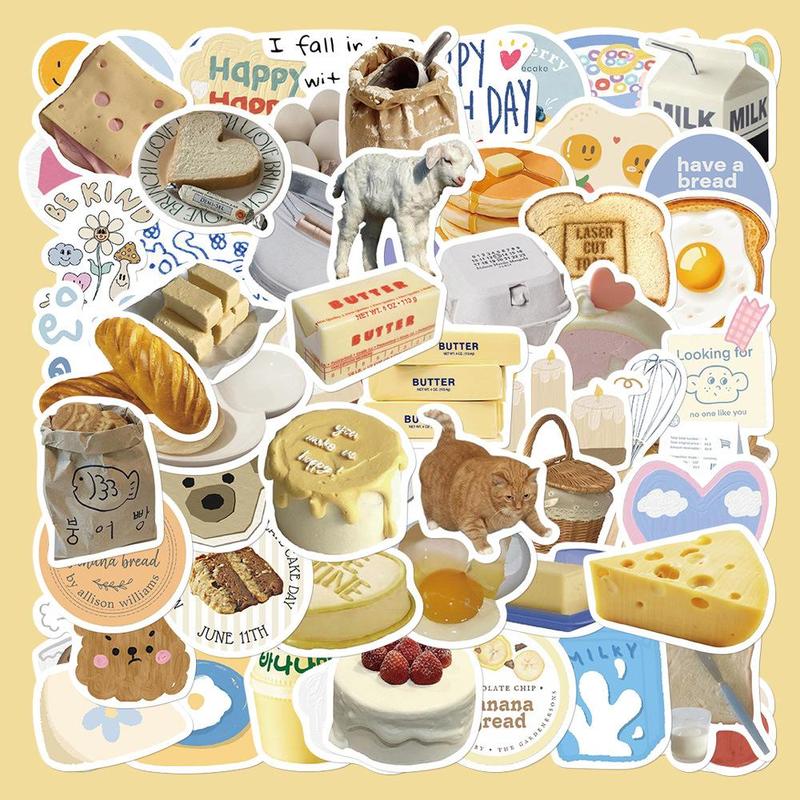 Butter Bread Series Sticker, 63pcs set Waterproof Decorative Sticker, DIY Decals for Water Bottle, Laptop, Phone Case, Scrapbooking, Journal Making