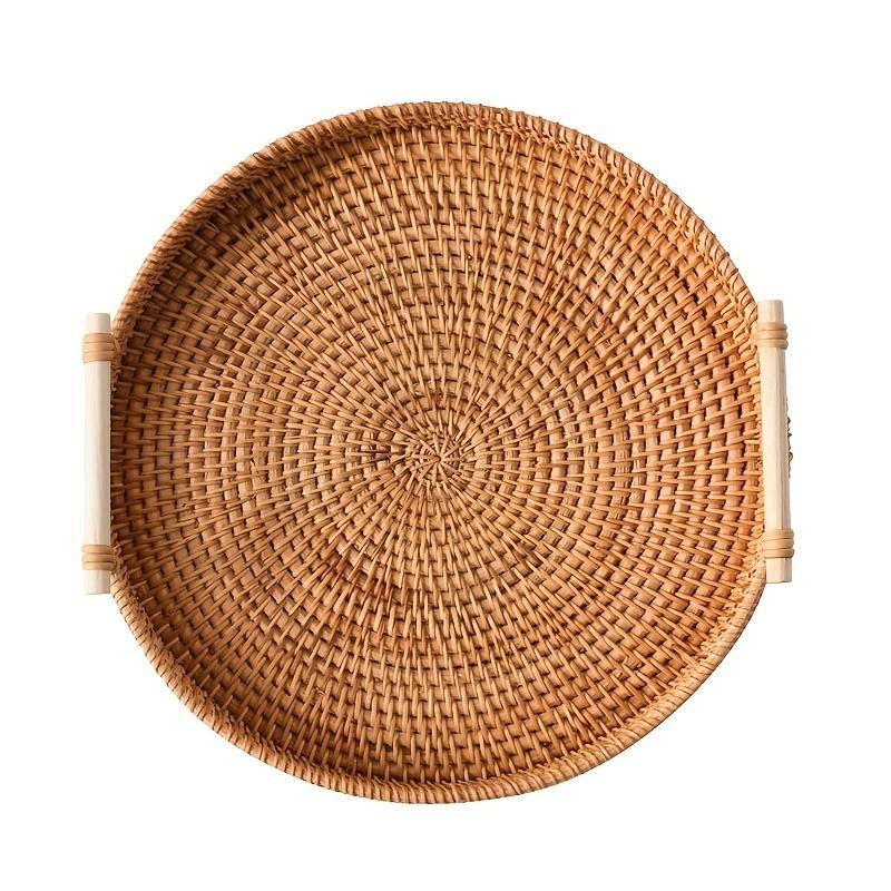 Round Rattan Storage Round Tray, Boho Style Tea Tray with Handle, Fruit Plate, Bread Snack Basket, Home Organizer for Kitchen Dining Room, Summer for Gift, Fall Decor, Room Decor