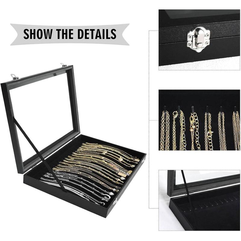 Necklace Organizer Box Premium 20 Hooks Necklace Display Tray with Transparent Lid Necklace Display Box for Necklace Pendants Suitable for Women and Girls (Black)