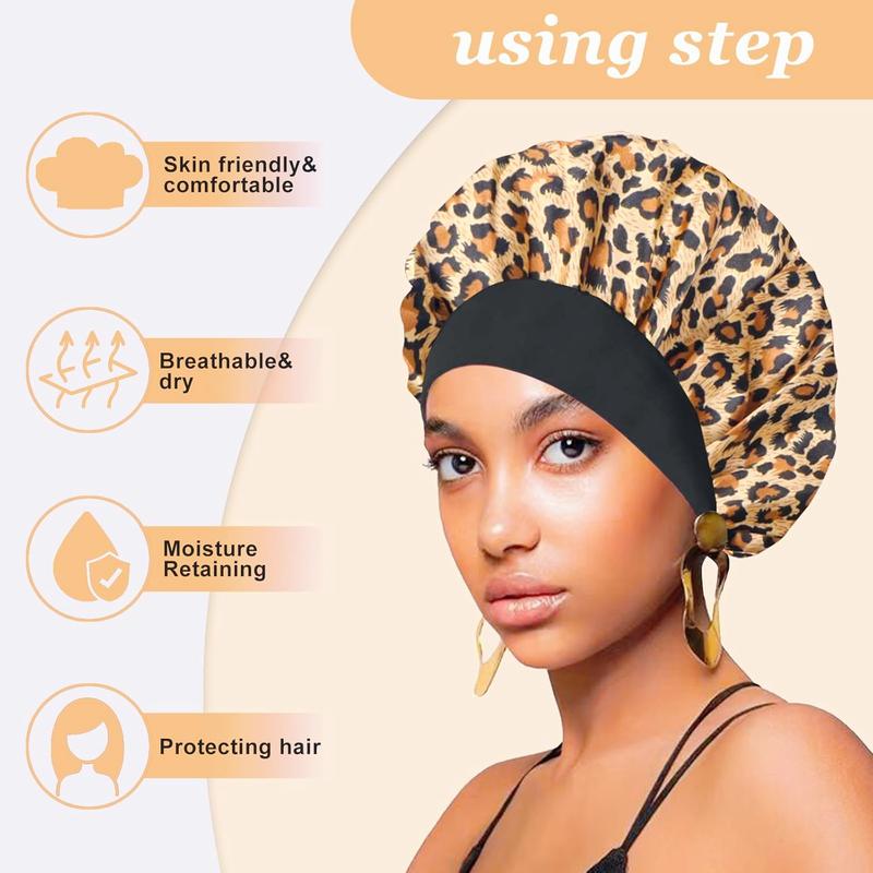 4 Count Silk Hair Bonnet for Sleeping,Hair Wrap Satin Bonnets Shower Cap for Black Women Men, Elastic Wide Band Hair Bonnet Cap for Sleeping Curly Hair(Black & Wine Red & Purple Print & Leopard Pattern)