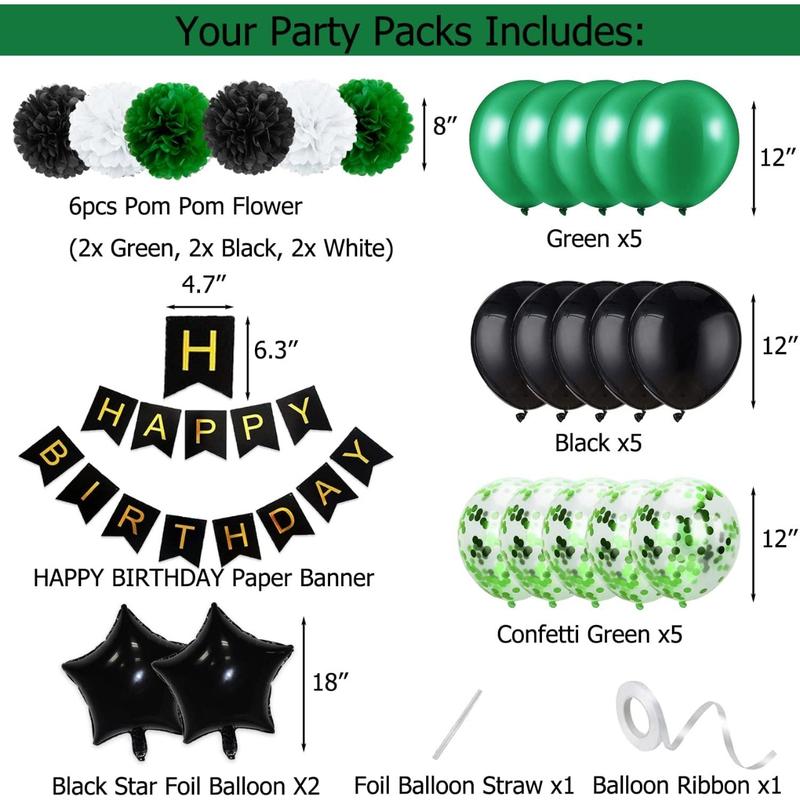 Birthday Decorations for Men Green and Black Party Decor Supplies Boy Including Happy Birthday Banner Confetti Latex Balloon Foil Balloon and Ribbon