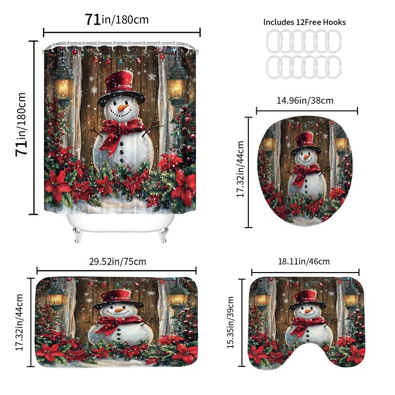 Christmas Snowman Pattern Shower Curtain, 1 4 Counts Bathroom Decoration with Hooks, Accessories for Home Hotel Dormitory