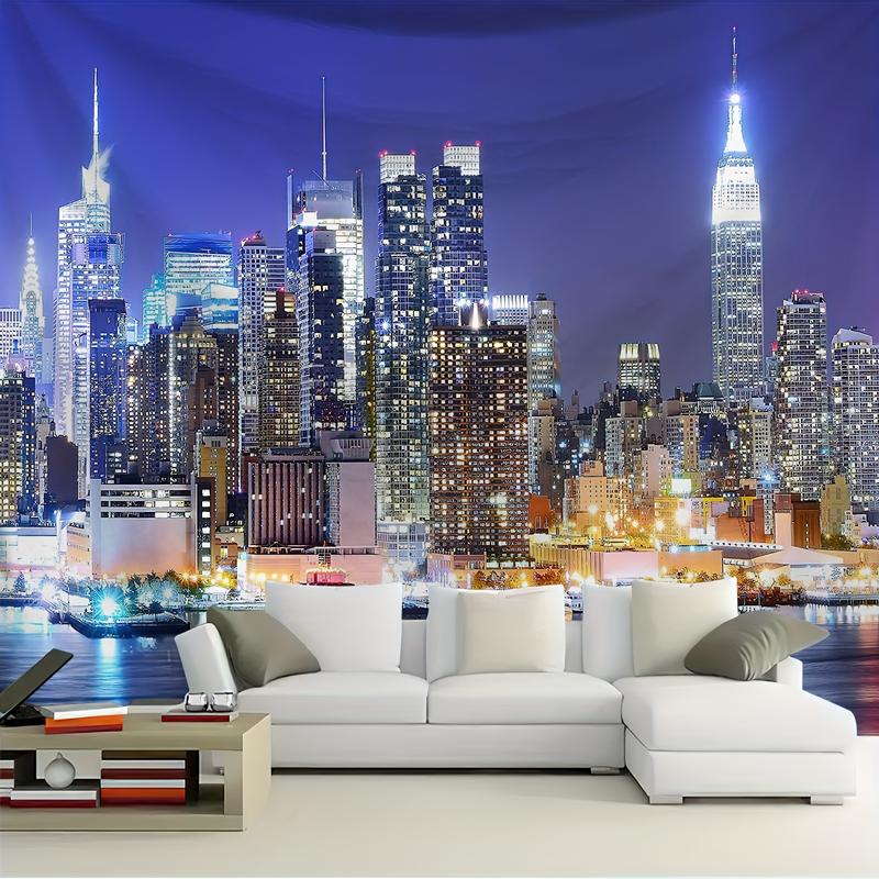 Vibrant Night City Landscape Polyester Tapestry - Blacklight Wall Hanging for Living Room, Bedroom, Office with Stunning Cityscape Design - Free Installation Package Included for Easy Setup