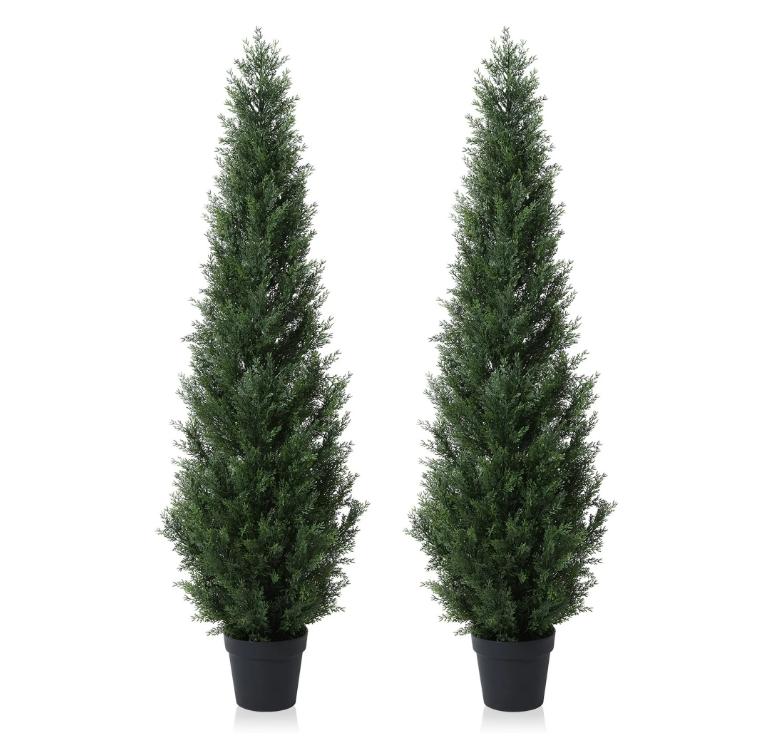 Set of 2 Artificial Cedar Trees - 5 Foot Potted Topiary for Outdoors and Home Decor