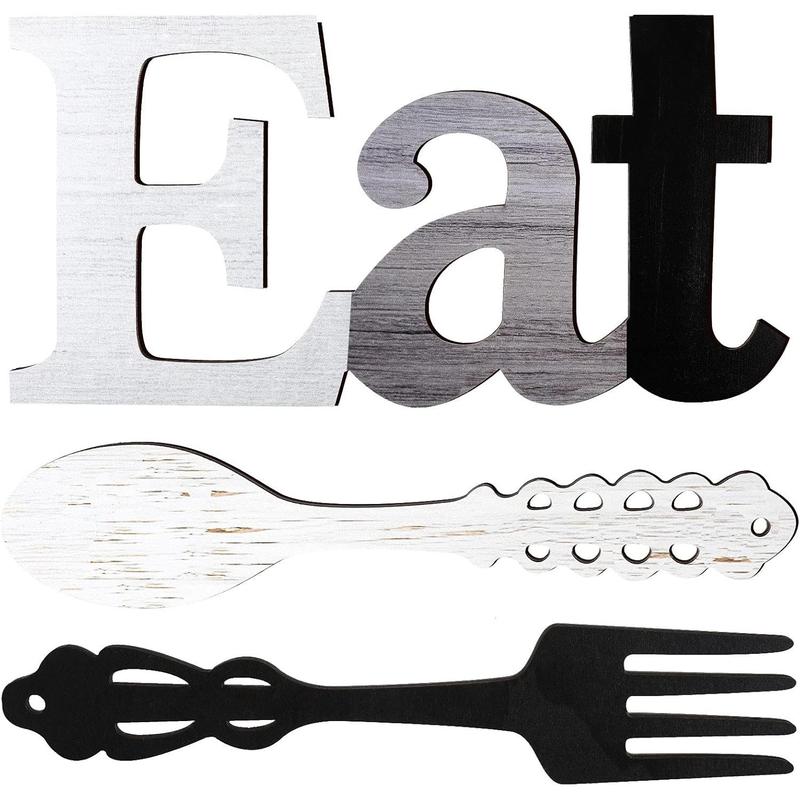 Set of EAT Sign, Fork and Spoon Wall Decor, Rustic Wood Eat Decoration, Cute Eat Letters for Kitchen and Home, Decorative Hanging Wooden Letters, Country Wall Art for Dining Room (Stylish Colors)