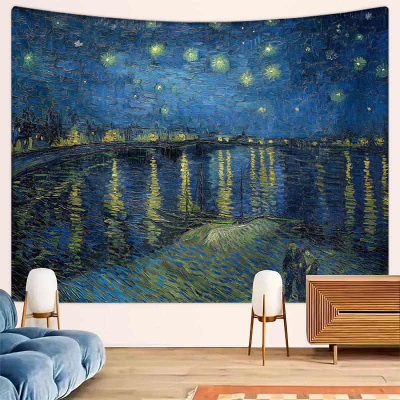 Starry Night Oil Painting Tapestry, 1 Count Vintage Night Landscape Tapestry, Wall Hanging for Bedroom and Living Room Decoration