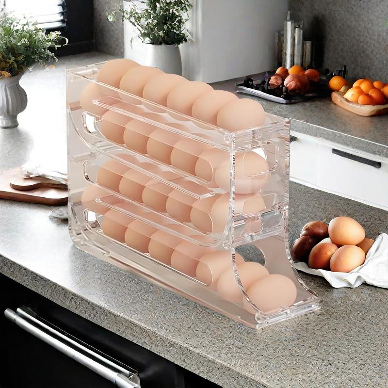 Transparent 30-Egg Refrigerator Organizer, Egg Storage Box, Auto-Rolling Egg Dispenser, Space-Saving 4-Tier Egg Holder, Large Capacity Egg Storage Rack