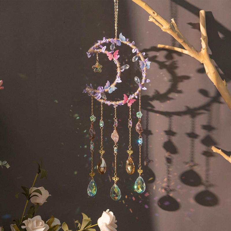 Hangable Room Decor Moon & Butterfly & Flower Design Dream Catcher, Artificial Crystal Hanging Decor, Home Deocr Sun Catcher for Garden Window Living Room Bedroom, Bedroom Decor, Gifts for Girlfriend