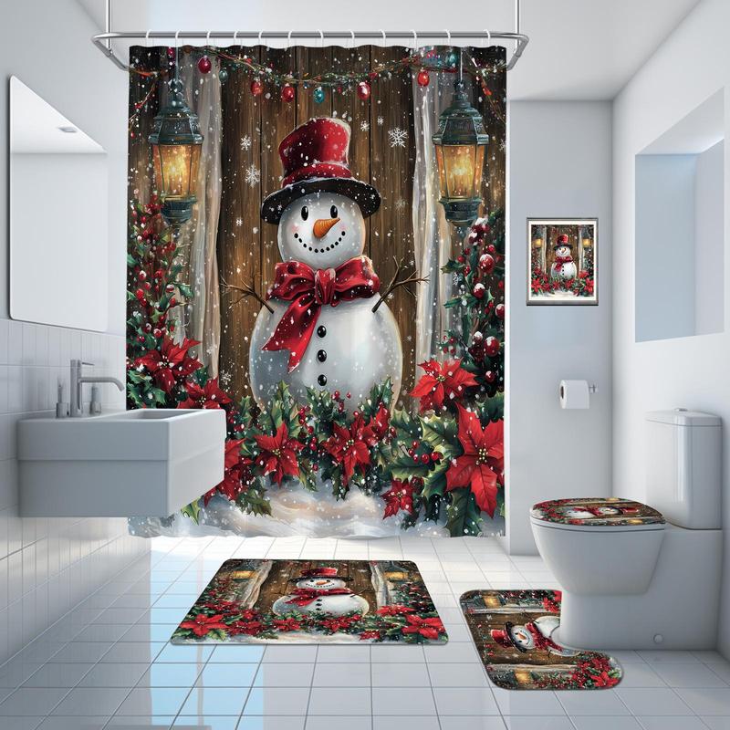 Christmas Snowman Pattern Shower Curtain, 1 4 Counts Bathroom Decoration with Hooks, Accessories for Home Hotel Dormitory