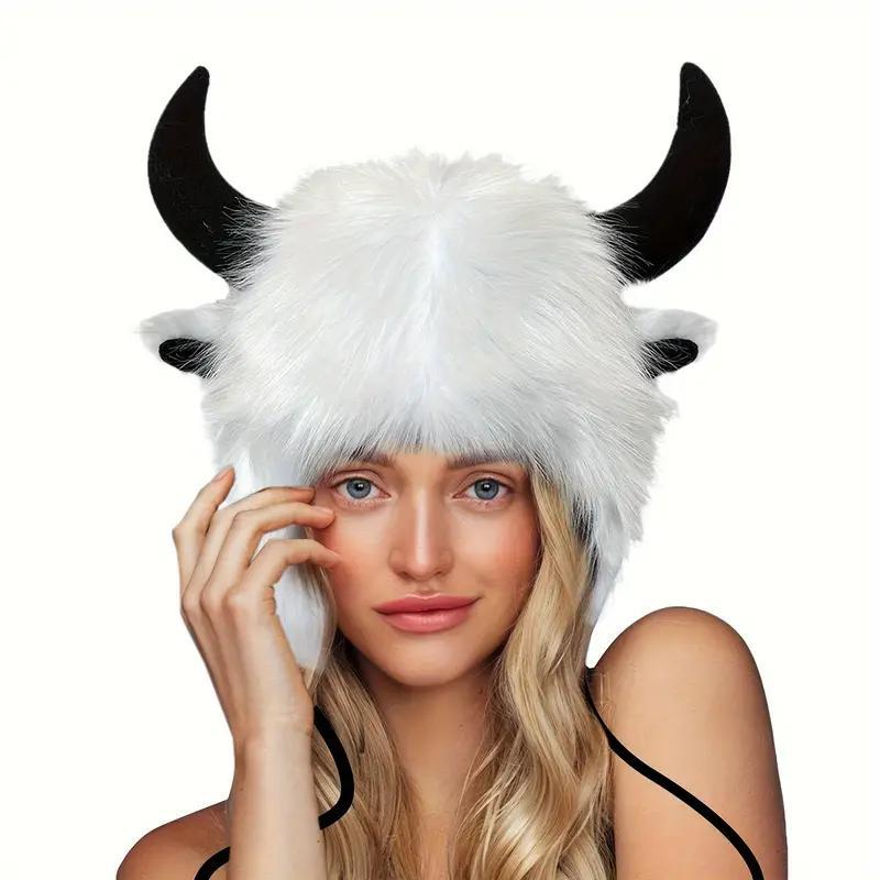 Viking Horned Beanie Hat, 1 Count Soft Warm Cute Polyester Fiber Faux Fur Winter Cap for Cosplay, Costume and Novelty Party Accessory