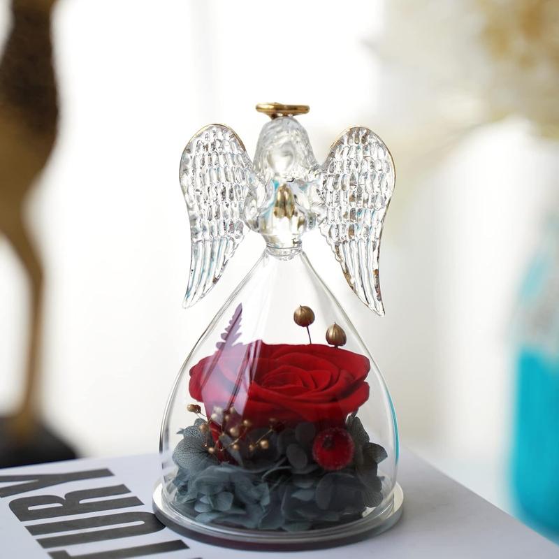 Preserved Flower Rose Birthday Gifts for Mom, Angels Figurines with Forever Real Rose Gifts for Women Mom Grandma, Angels Gifts for Christmas Thanksgiving Anniversary (Red)