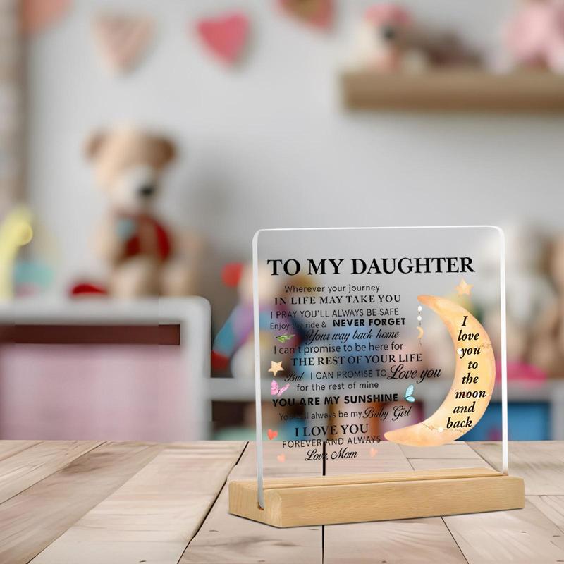 To My Daughter Letter Pattern Acrylic Plaque with Wooden Stand, Desktop Decoration Sign, Home Decor for Living Room Bedroom, Gift for Daughter