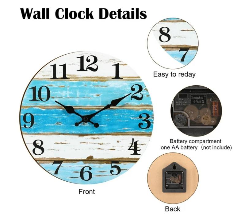 10 Inch Wall Clock,Beach Outdoor Clock for Patio,Wooden Round Wall Clock Battery Operated,Non Ticking Coastal Themed Decor Wall Clock for Lake House,Home,Kitchen,Pool,Bathroom