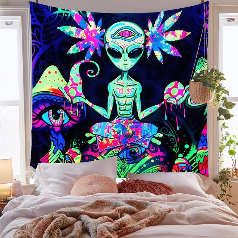 Alien & Mushroom Pattern Tapestry, Black Light Tapestry, Wall Hanging Blanket, Decorative Hanging Blanket for Home Living Room Bedroom