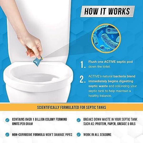 Septic Tank System Treatment Pods - 12 Dissolving Packets | Enzyme-Producing Live Bacteria Solution | 1 Year Supply Professional Eco-Friendly Maintenance | Prevent Clogs, Odor & Backups | Made in USA