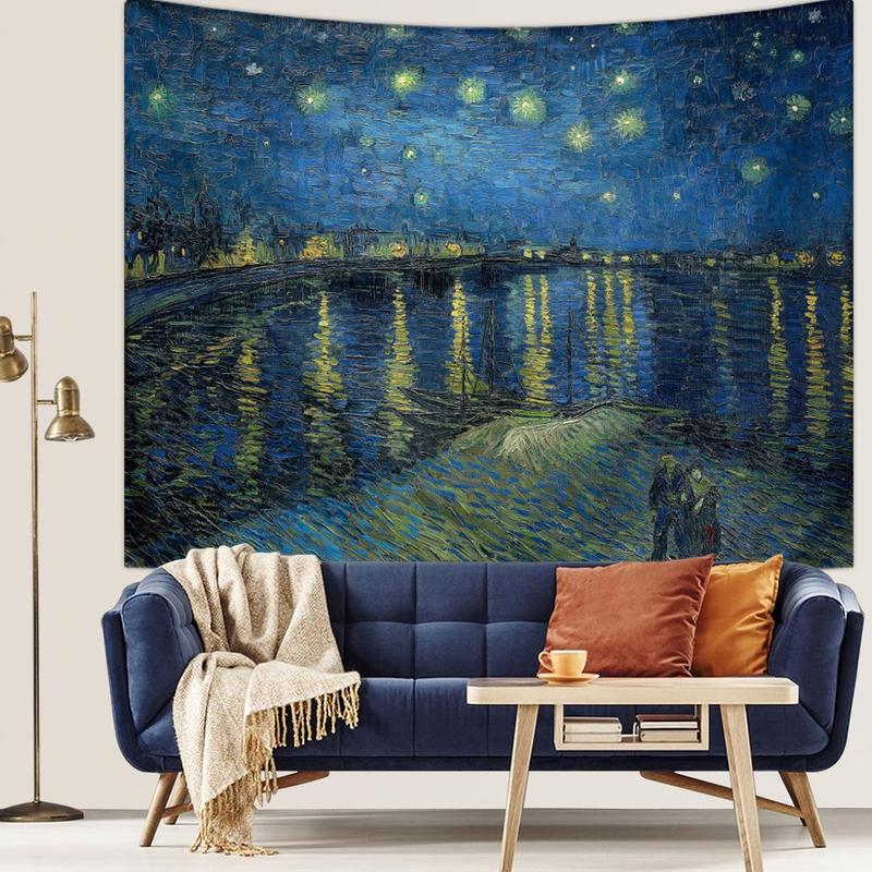 Starry Night Oil Painting Tapestry, 1 Count Vintage Night Landscape Tapestry, Wall Hanging for Bedroom and Living Room Decoration