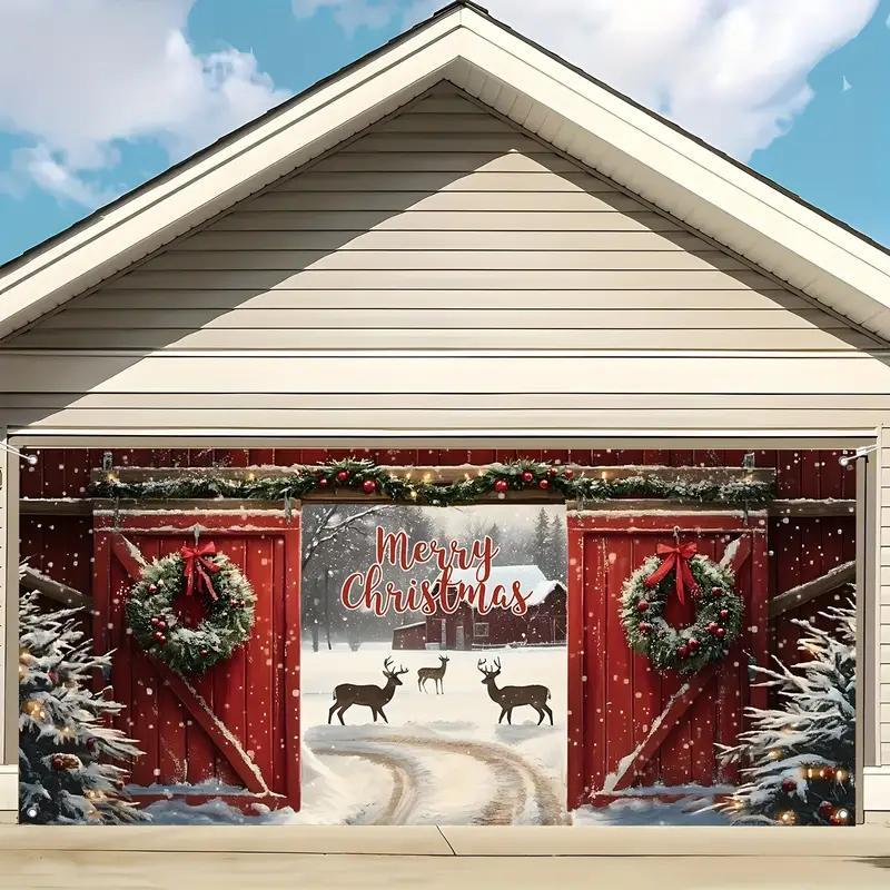 Merry Christmas Themed Garage Door Cover, Snowy Scene Pattern Garage Door Banner, Outdoor Holiday Decoration for Home, Party, Festival