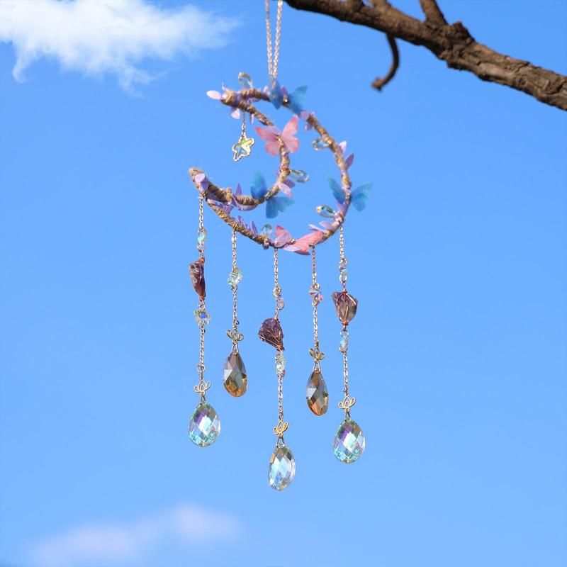 Hangable Room Decor Moon & Butterfly & Flower Design Dream Catcher, Artificial Crystal Hanging Decor, Home Deocr Sun Catcher for Garden Window Living Room Bedroom, Bedroom Decor, Gifts for Girlfriend