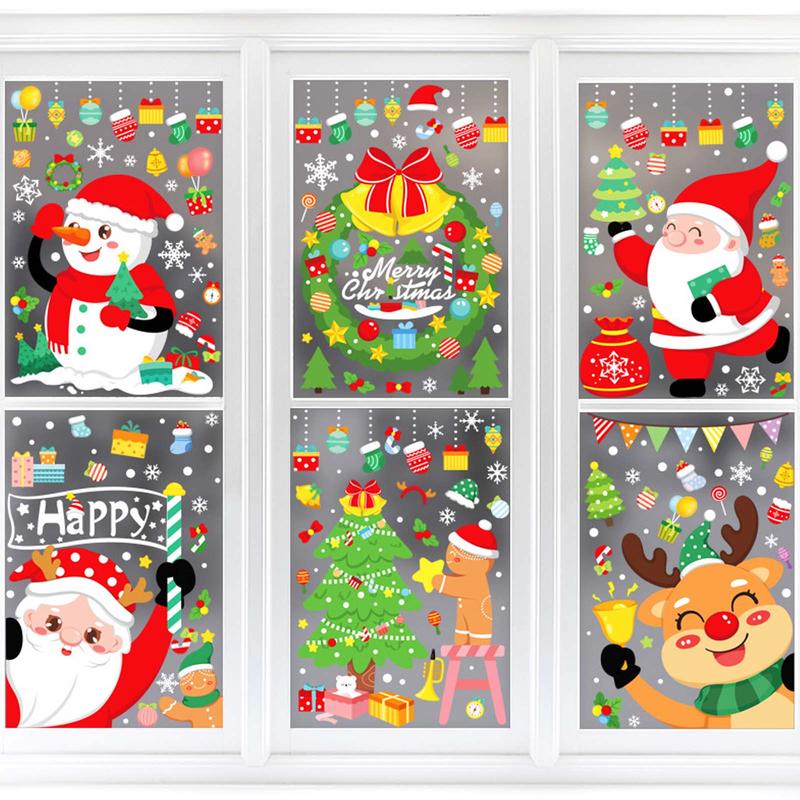 Merry Christmas Window Sticker, 6 Sheets 178pcs Double Sided Static Cling Window Decal, Reusable Decal for Home Office Party Decoration