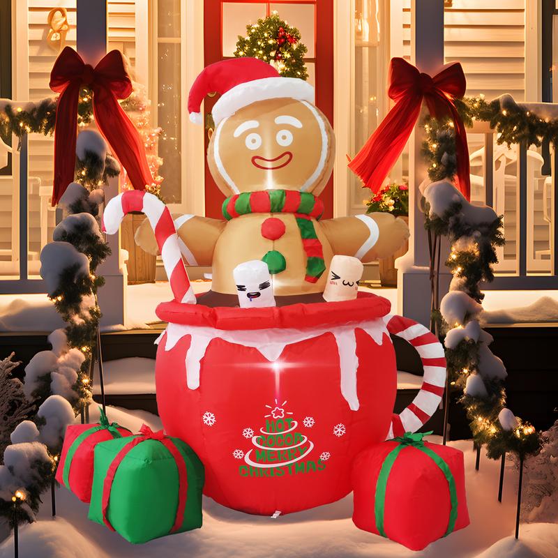 Christmas Gifts, Gardwin 6ft Gingerbread Christmas Inflatable Outdoor Decoration, Christmas Outdoor Decoration Blow up Gingerbread Mug Yard Decorations Clearance with Built-in LEDs for Indoor Garden Lawn Party Decor